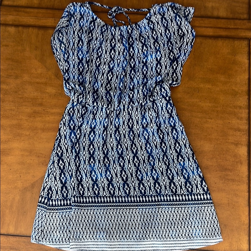The Limited Blue and White Ikat Print Blouson Split Sleeve Dress
